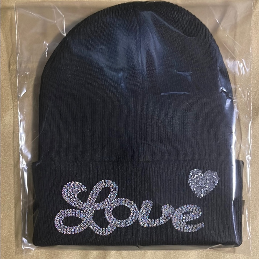 Black Beanie with Rhinestone Love Design